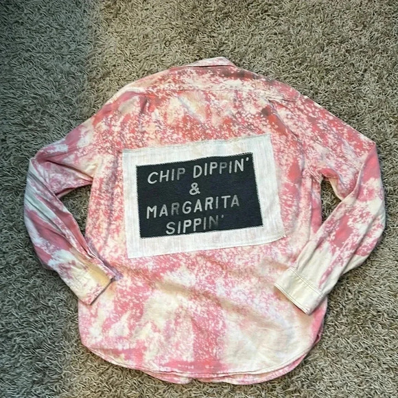 Upcycled Jcrew Pink Bleach Flannel Back White and Gray Graphic Size Large - Picture 2 of 9